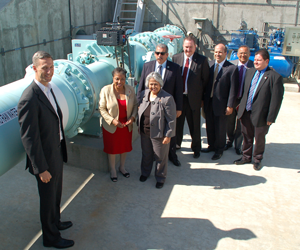 (L-R) Matt Swindle, CEO, NLine Energy; California Assembly Member Cheryl Brown; U.S. Representative Gloria Negrete McLeod; Jesus Sandoval, Fontana City Council Member; Robert K. Young, General Manager, Fontana Water Company; Robert DiPrimio, Vice President, San Gabriel Valley Water Company; Former State Senator Richard Polanco; and Rafael Trujillo, District Representative for California State Senator Norma Torres