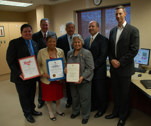 Front Row (L-R): California Assembly Member Cheryl Brown and U.S. Representative Gloria Negrete McLeod Back Row (L-R): Rafael Trujillo, District Representative for California State Senator Norma Torres; Robert K. Young, General Manager, Fontana Water Company; Jesus Sandoval, Fontana City Council Member; Robert DiPrimio, Vice President, San Gabriel Valley Water Company; and Matt Swindle, CEO, NLine Energy